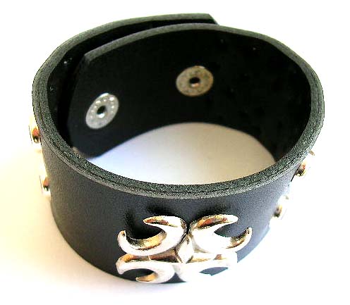Fashion bracelet in black wide imitation leather band design with multi rounded shiny beads decor along and a Celtic pattern set in center  