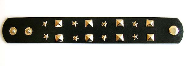 Fashion bracelet in black wide imitation leather band design with multi faceted square and mini star button decor along  