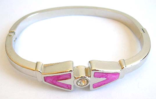 Fashion bangle bracelet with color painted double V shape pattern holding a rounded clear cz 