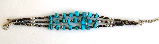 Fashion Tibetan bracelet in triple beaded string design with multi blue turquoise stone chips