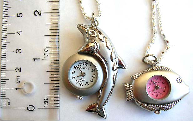 Fashion necklace watch, chain necklace with fish design watch pendant