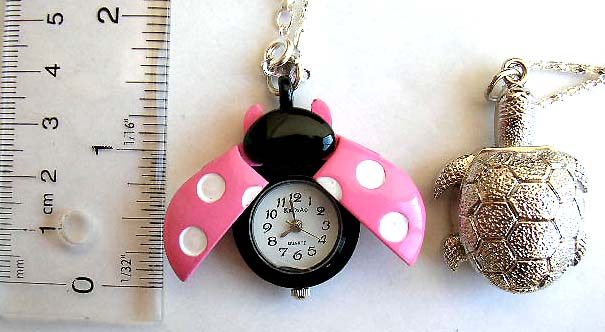 Fashion necklace watch, chain necklace with lady bug or turtle design watch pendant