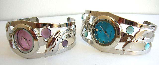Fashion bangle watch with beaded dolphin or carved-out triple wave pattern