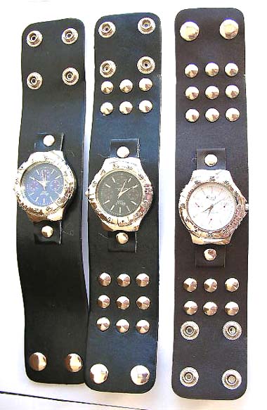 Fashion watch with wide black imitation leather band design and multi button