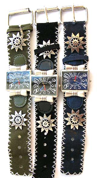 Fashion watch with rectamgular clock face design and metal sun shine pattern