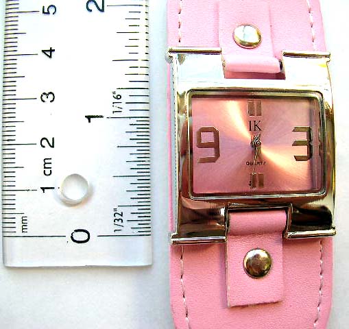 Fashion watch with rectangular clock face design and 2 button decor on imitation leather band decor