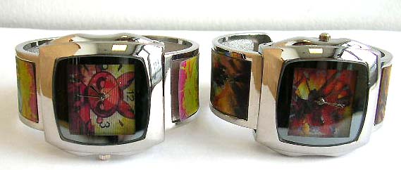 Fashion bangle watch with dotted around rectangular clock face design and pattern decor on color band