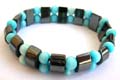 Hematite stretchy bracelet with multi curve hematite beads and double blue arylic beads inlaid 