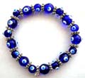 Fashion stretchy bracelet with multi blue hand-painted Chinese lampwork glass bead and flat silver beads design