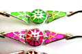 Fashion bracelet with 2 curve strips holding an gloden sun face decor, enamel color circle pattern at center, assorted color randomly pick