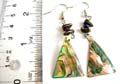 Fashion earring with double mini blue sand stone holding a triangular abalone seashell on bottom, fish hook back for convenience closure 