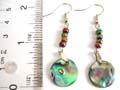 Fashion fish hook earring with beaded strip holding a circular abalone seashell on bottom