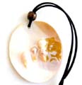 Fashion necklace with black velvet string holding a natural seashell pendant, adjustable tie to fit