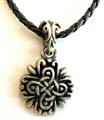 Fashion necklace with black twisted imitation leather string holding a Celtic knot work design metal pendant at center