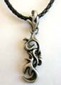 Fashion necklace with black twisted imitation leather string holding a Celtic fire metal pendant at center