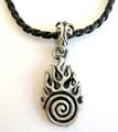 Fashion necklace with black twisted imitation leather string holding a flaming spiral metal pendant at center