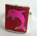 Fashion ring with enamel color pink dolphin central decor red rectangle pattern at center, 36 pieces per tray, assorted color and size randomly pick 