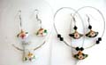 Fashion necklace and earring set, beaded necklace holding fan shape handmade enamel cloisonne   flower bead at center and same design fish hook earring, assorted color randomly pick