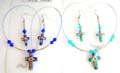 Fashion necklace and earring set, beaded necklace holding a flower central decor cross pendant at center and same design fish hook earring, assorted color randomly pick