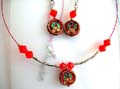 Fashion necklace and earring set, beaded necklace holding a flat rounded handmade enamel cloisonne   flower bead at center and same design fish hook earring, assorted color randomly pick