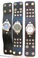 Fashion watch with wide black imitation leather band design and multi button decor on band, button for closure, assorted clock face color randomly pick