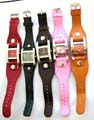Fashion watch with imitation leather band and 2 button decor on band, assorted color randomly pick