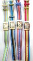 Fashion watch with rectangular clock face design and triple color strip band decor, assorted color randomly pick