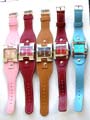 Fashion watch with rectangular clock face design and 2 button decor on imitation leather band decor, assorted color randomly pick