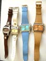 Fashion watch in fat rectangular or elliptical clock face design with or without button on imitation leather band decor, assorted color randomly pick 
