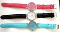 Fashion watch with rounded clock face and imitation leather band design, assorted color randomly pick 