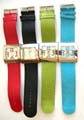 Fashion watch with rectangular clock face and widen imitation leather band design, 12, 3 6, 9 - 4 number marked inside clock face, assorted color randomly pick 