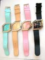Fashion watch with multi-facets clock face design and imitation leather band, assorted color randomly pick 