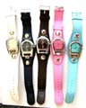 Fashion watch with curve top clock face design and button on imitation leather band decor, assorted color randomly pick 