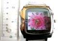 Fashion bangle watch with rectangular clock face design and cartoon or flower pattern decor on shiny color band, assorted color randomly pick