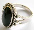 925. sterling silver ring with carved-out triple line pattern holding an edge decor elliptical shape black onyx stone at center