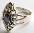 Abalone seashell embedded carved-out floral pattern central design 925. sterling silver ring 