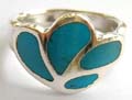 Stamped 925. sterling silver ring with 5 irretangular shape genuine blue turquoise stone embedded flower pattern central design