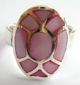Stamped 925. sterling silver ring with multi line sectioned, pinkish mother of pearl seashell inlaid oval shape pattern central design