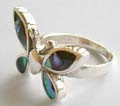 Foue pieces of abalone seashell forming butterfly sterling silver ring 