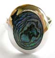 925. sterling silver ring with a large oval shape abalone seashell inlaid at center