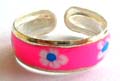 Stamped 925. sterling silver toe ring in enamel pinkish color with white blue flower decor
