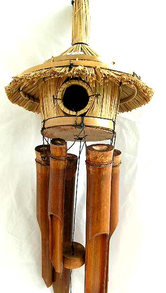 Deep brown bamboo wind chime with straw bird house design