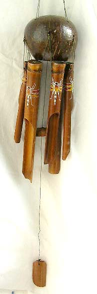 Deep brown handmade hand painted bamboo wind chime with full coconut shell top and dragonfly pattern decor on each pipe