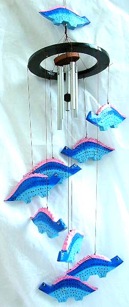 Painting blue pinkish wooden dinosaur metal wind chime