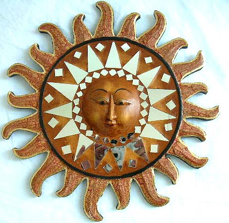 celestial wall art and home decor,  crack rusty style wooden wall mirror with sun face central decor and fire edge