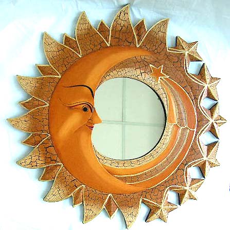 wholesale wall mirror, Bali celestial moon shooting star rounded wooden mirror frame with half comet edge 