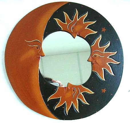 wholesale mirror, rounded Bali handcraved wooden mirror with tan moon 3 sun and star