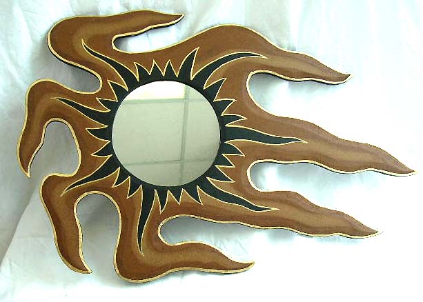 Bali handicraft mirror wholesale, brown fancy fire sun ring design wooden wall mirror