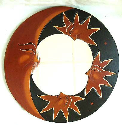 glass and mirror wholesaler supplier wholesale rounded wooden mirror with tan moon 3 sun and star