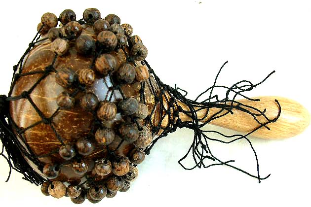 Brown wooden shaker with multi mini nut bead web wrapped around